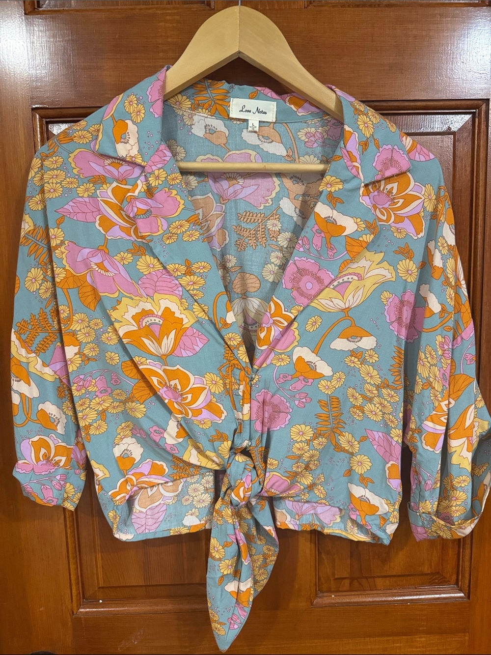 Floral  Tie-Front Blouse in Sage, Pink & Orange